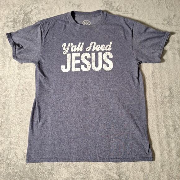 Y’all Need Jesus Graphic T-Shirt Size Medium Blue Cotton Short Sleeve - Picture 1 of 6